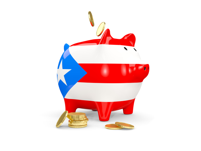 Fat piggy bank with fag of puerto rico